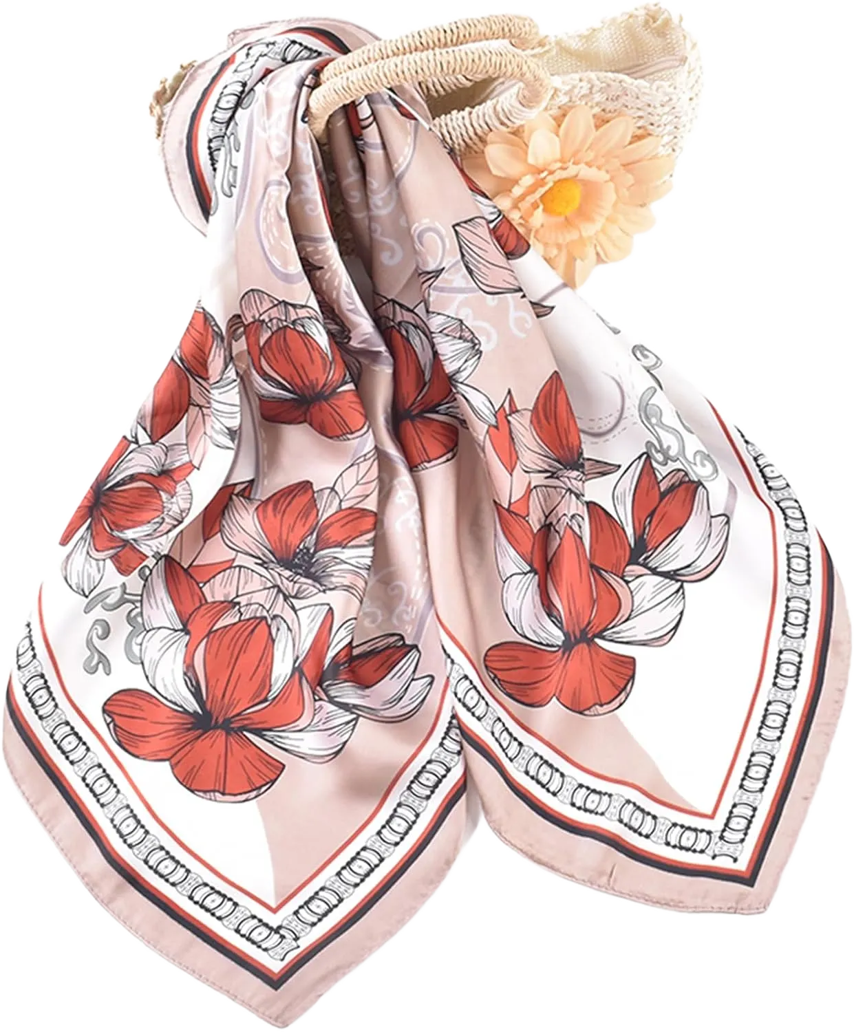 27.5 Inches Silk Head Scarf for Women Satin Hair Scarf Silk Wrap Neck Square Scarves Feeling Scarf Boho Headwear Pinkish White Flower