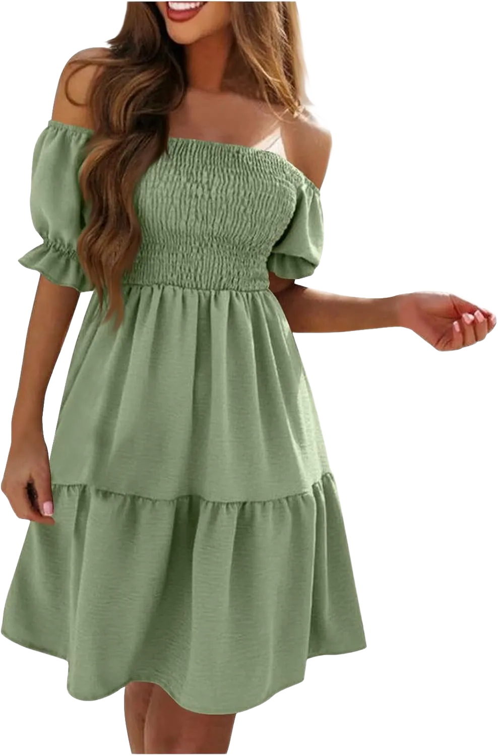 Summer Dresses for Women 2024 Midi Off Shoulder Puff Sleeve Dress Pleated Ruffle Elegant Dress Trendy Casual Sundress Small Green