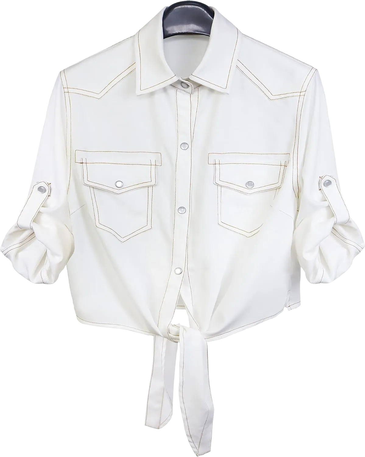 PUWEI Women's Denim Shirts Casual Button Up 3/4 Sleeve Tie Front Jean Crop Tops Small White