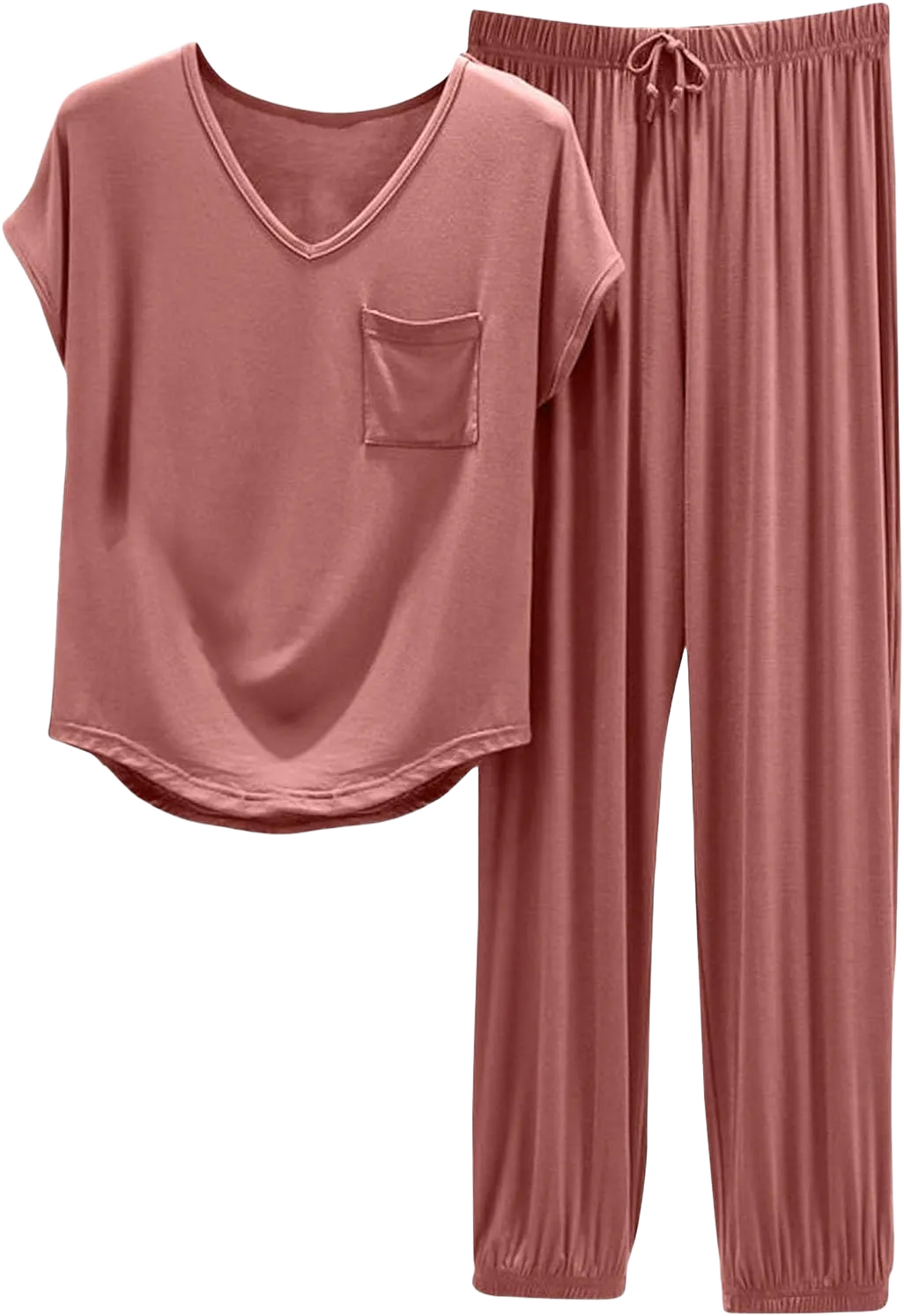Lastesso Womens Pajama Sets Soft Cotton V Neck Short Sleeve Loungewear Tops with Long Wide Leg Lightweight Sleepwear Sets Pink #4 Medium