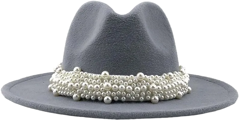 Miyaomn Women's Vintage Pearl Band Wool Fedora Hat Female Trendy Comfy Wide Brim Felt Ladies Classic Trilby Floppy Panama Hat Large Grey