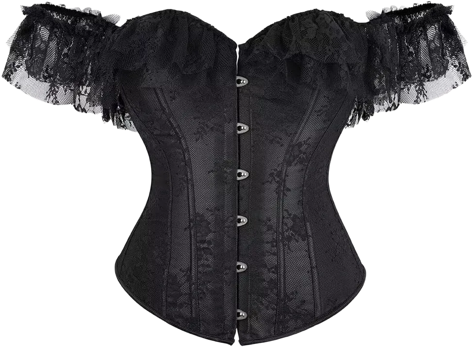 Corset Tops for Women with Sleeves Off The Shoulder Bustier Tank Overlay Lace Floral Bridal Wedding Large Black