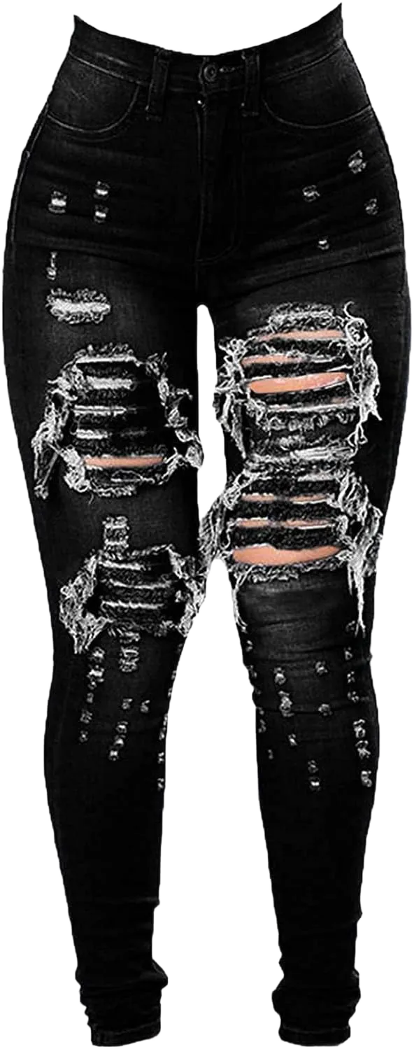 JEKE-DG Women's Ripped Hole High Waist Denim Skinny Destroyed Ankle Jeans Butt Lifting Stretch Distressed Trousers Medium Black