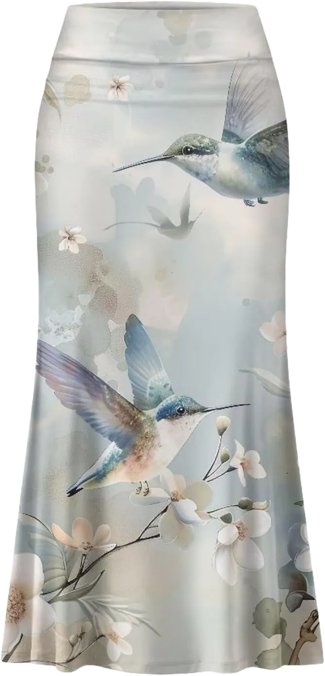Biyejit Women's Pencil Skirts Boho Elastic High Waist A Line Swing Beach Maxi Skirt Flare Long Basic Skirts Plus Size S-2XL White Floral Hummingbirds Medium