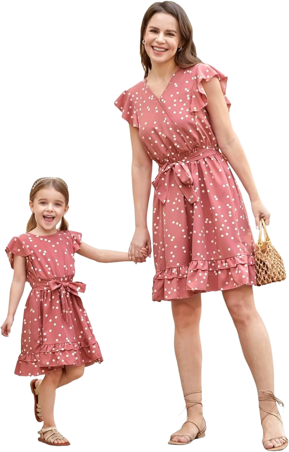 PATPAT Matching Mommy and Me Dresses Outfits Ruffle Flutter Sleeve Polka Dot Pattern Vacation Dresses Women X-Large Cute Pink