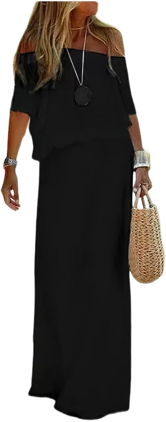 Akivide Women's Off Shoulder Wedding Guest Maxi Dress Elastic Waist Cocktail Flowy Boho Beach Vacation Dress Black X-Large