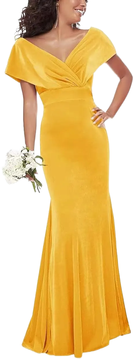 Wchecalino Women's Velvet Bridesmaid Dresses Long Mermaid Wrap Off The Shoulder Formal Evening Party Dress Yellow 4