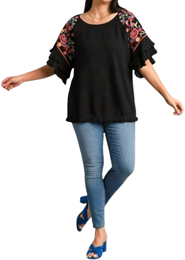 Women's Floral Embroidered Frayed Sleeve Blouse Plus - umgee XL