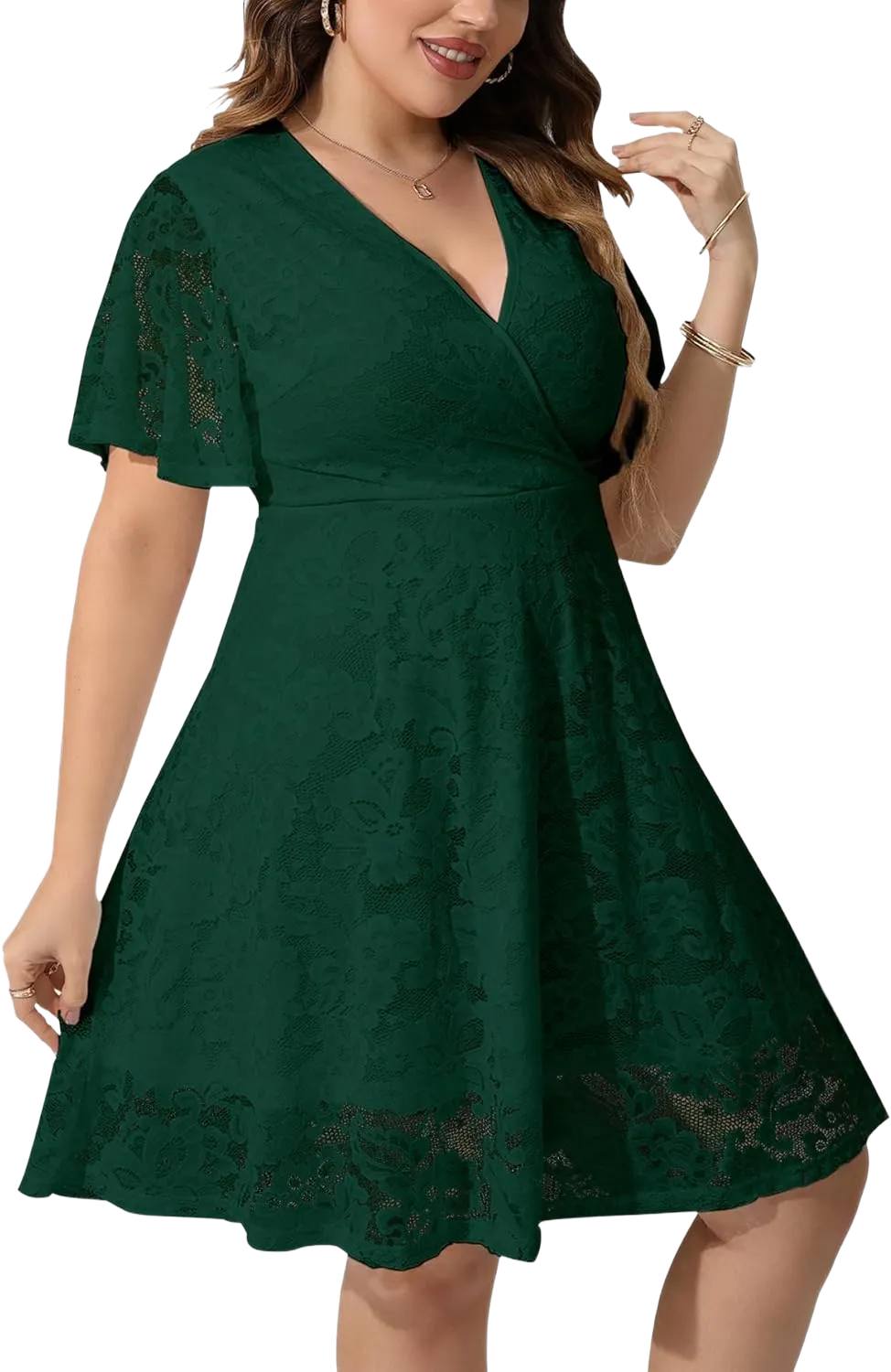 SCOMCHIC Women Plus Size Lace Cocktail Dresses Summer Wrap V Neck Short Sleeve Flowy A Line Wedding Guest Midi Dress X-Large Plus Emerald Green