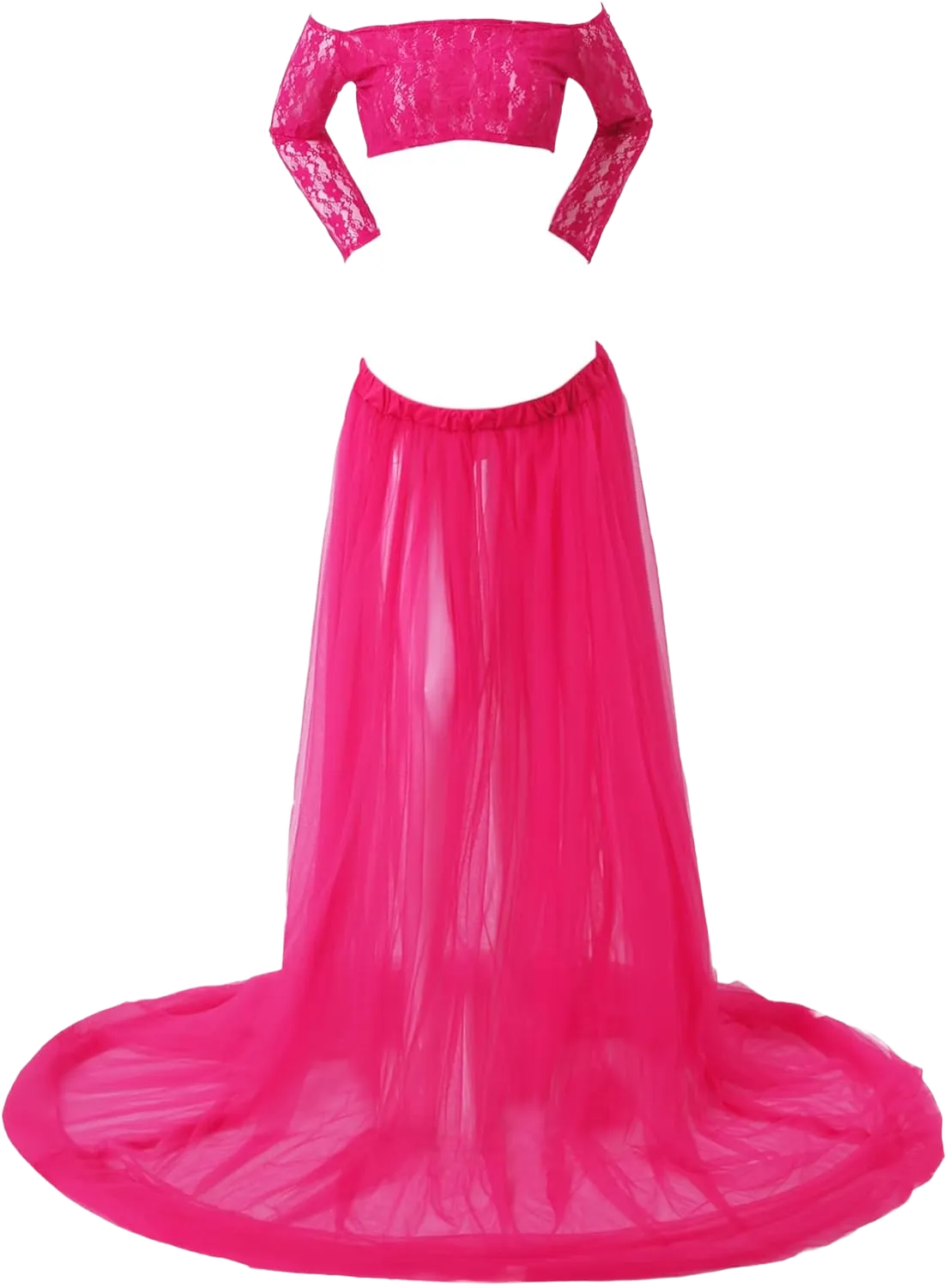 2Pcs Womens Maternity Outfit Baby Shower Photography Props Lace Crop Top with Maxi Tulle Skirt Set Medium Hot Pink