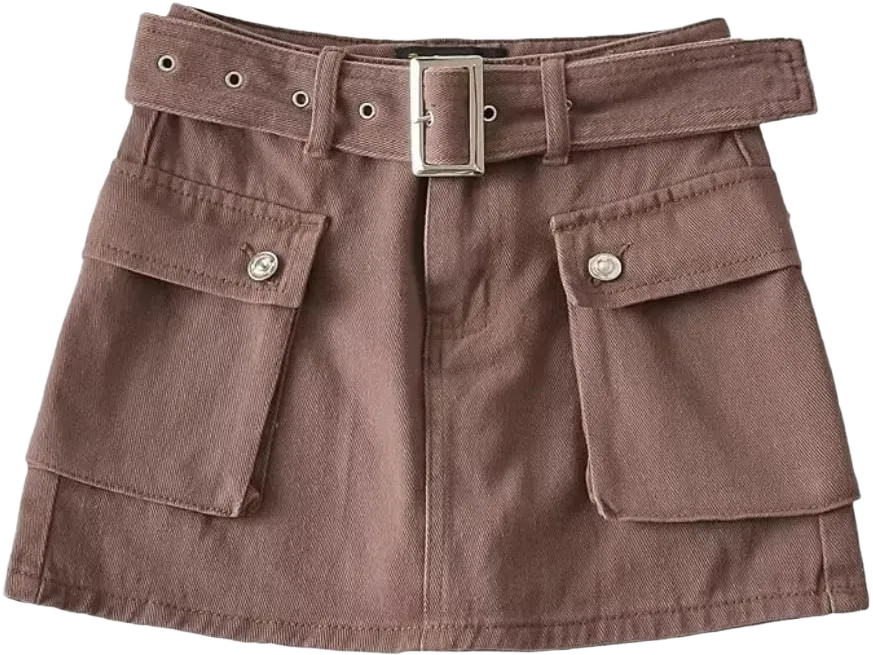 Women's High-Waist Flap Pocket Y2k Skinny Denim Cargo Short Skirt with Belt Medium Brown