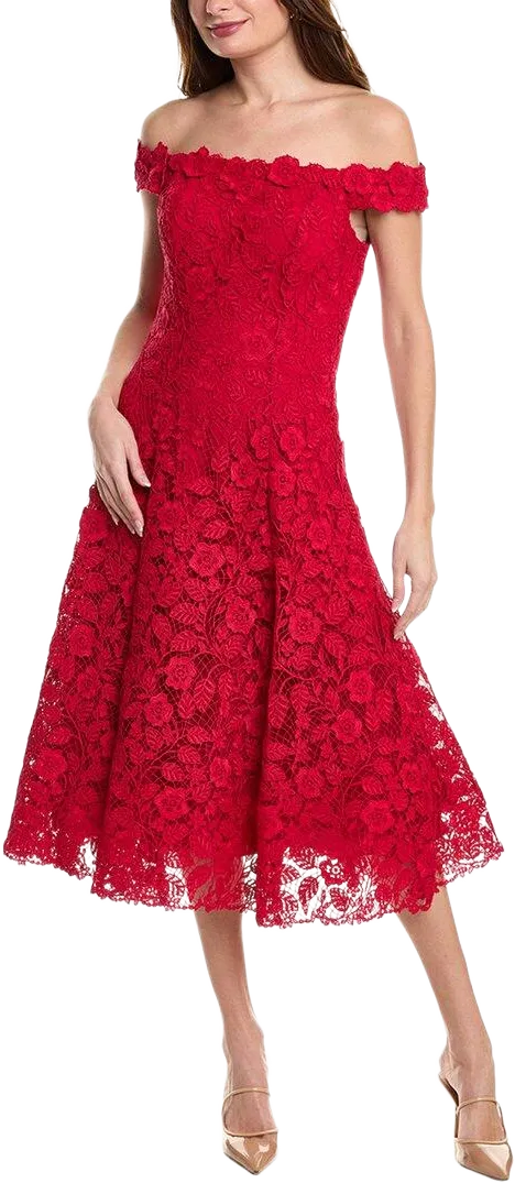 Teri Jon Women's Red Floral Lace Midi Dress