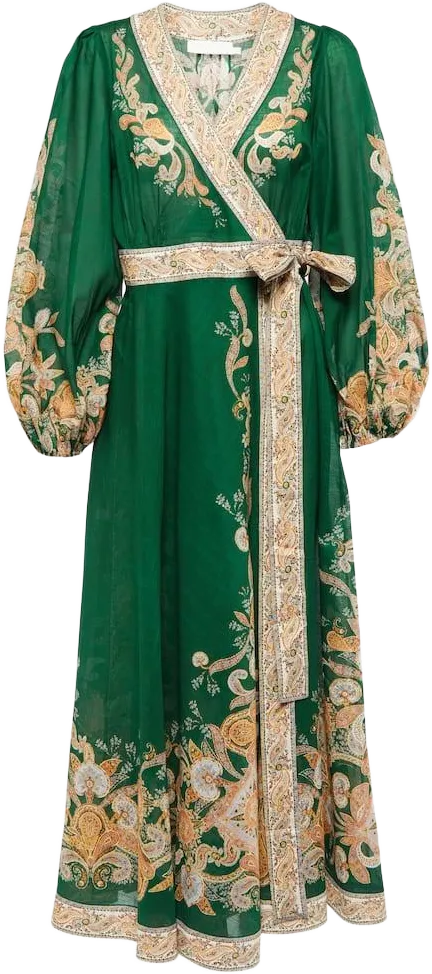 Zimmermann Women's Green Devi Belted Paisley-print Cotton-voile Midi Wrap Dress