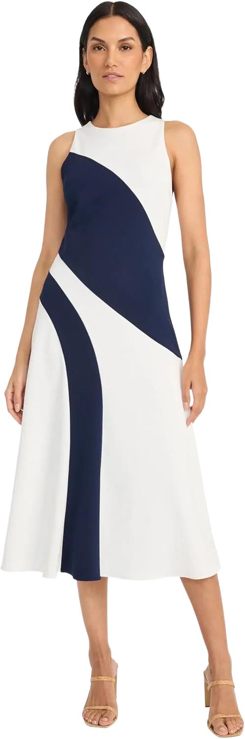 Maggy London Women's Sleeveless High Neck Wave Pattern Midi-Structured Fitted Bodice with A-line Flare-Wedding Guest Dress 14 Ivory/Navy Blazer