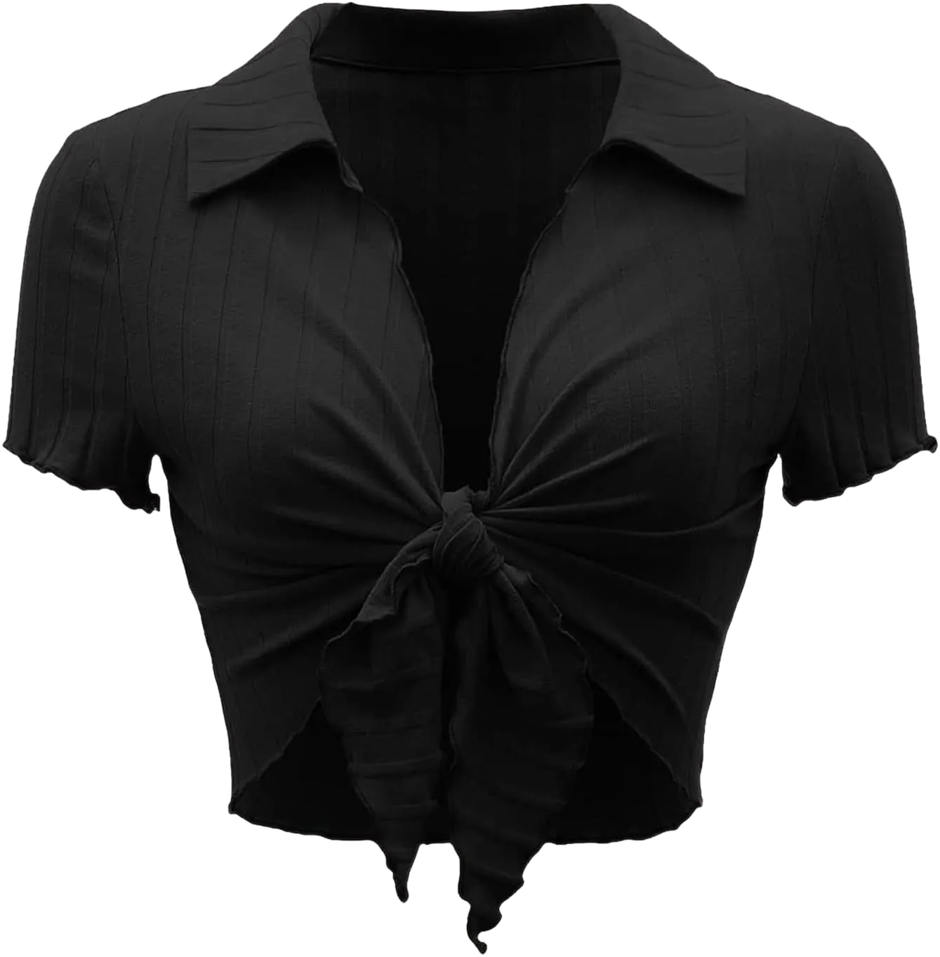 LovelyWholesale Women's Sexy Ribbed Summer Crop Top Lettuce Trim Tie Front Shirts X-Small Black