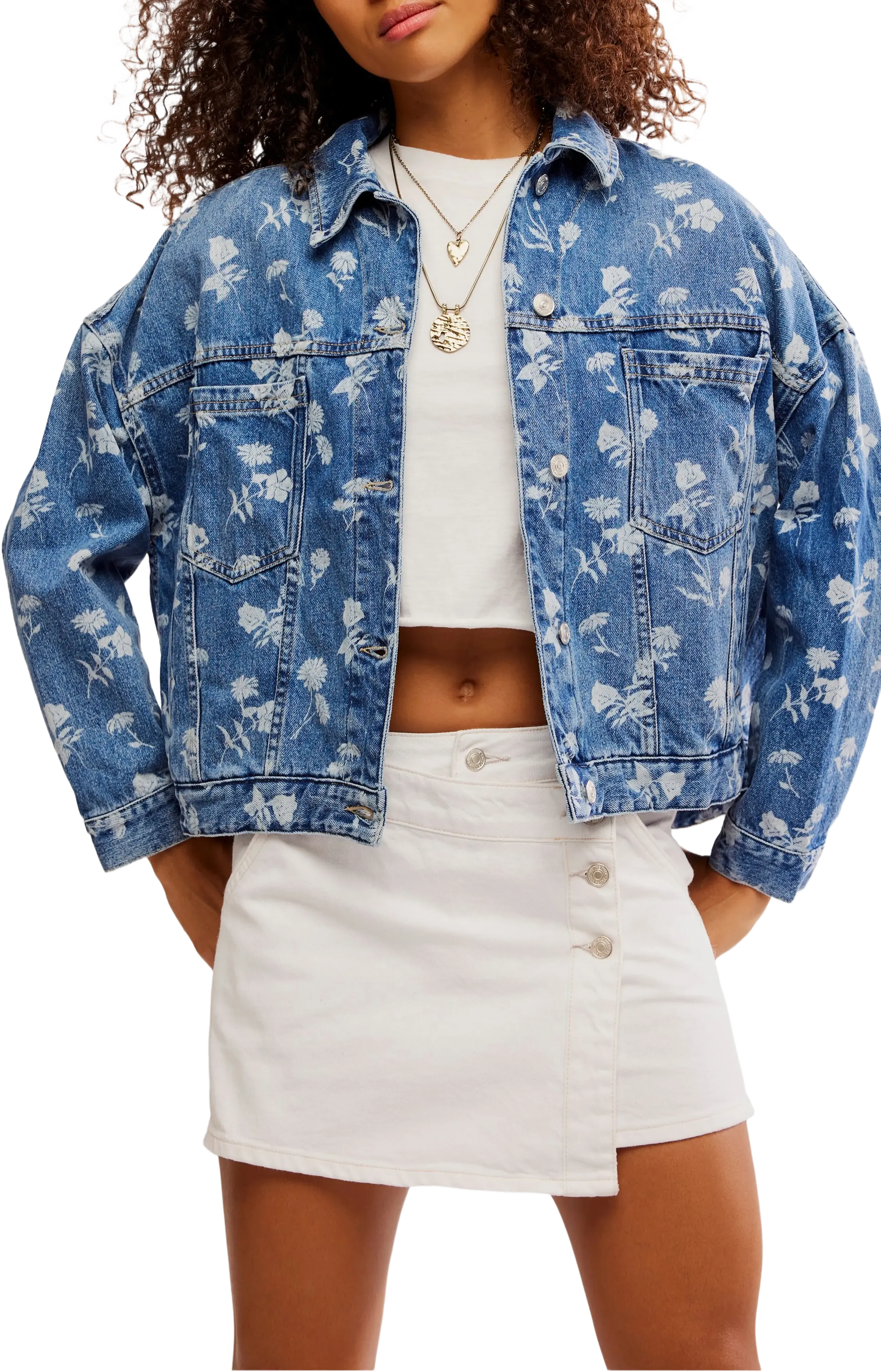 Free People Opal Floral Swing Denim Jacket