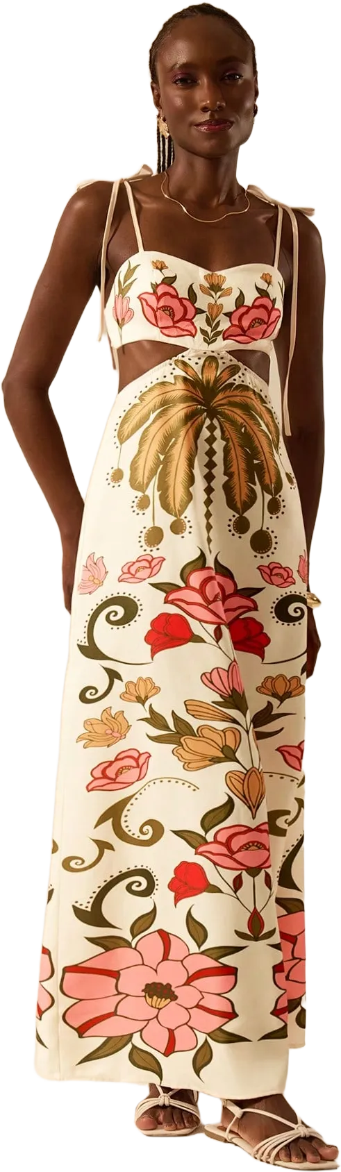 CAJUNI Women Bohemian Tropical Colorful Coconut Trees & Floral Print Sleeveless Tie Front Cropped Long Dress, Casual Vacation Sundress