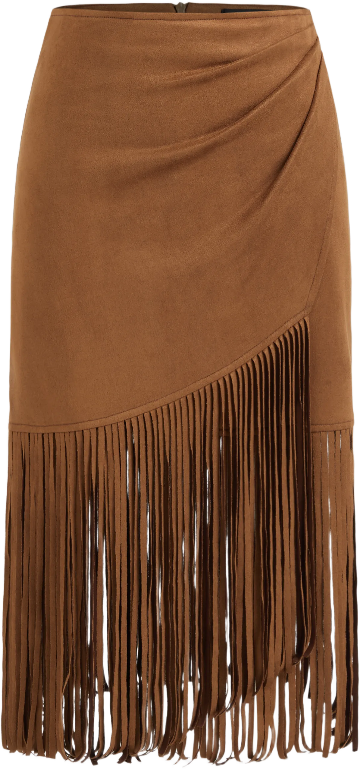 Suede Mid Rise Ruched Fringe Maxi Skirt