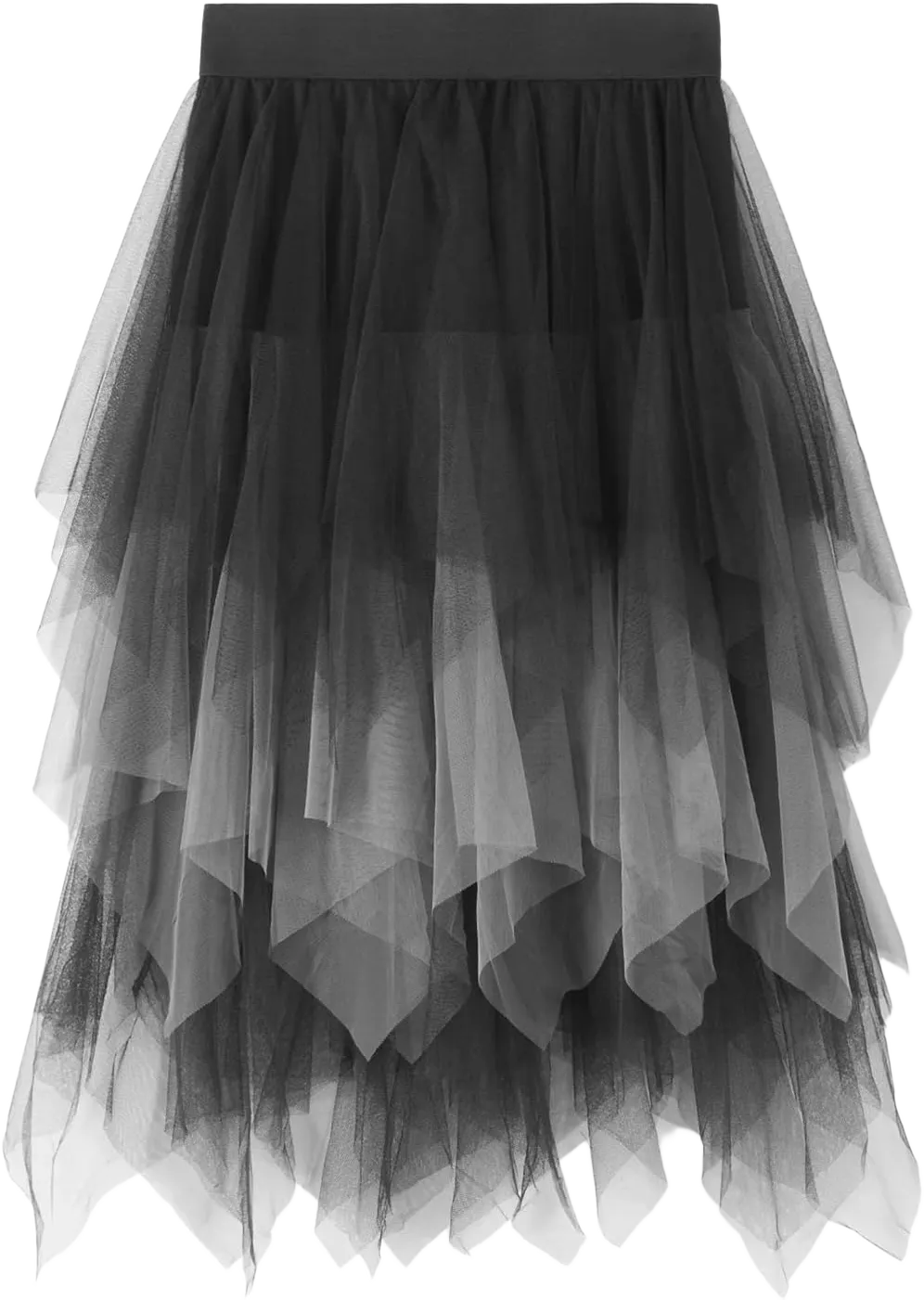 Tulle Skirt for Women Asymmetrical Pleated Tutu Midi Skirt Casual Cocktail Party Beach Elastic Waist Mesh Layered Skirts One Size Black Gray