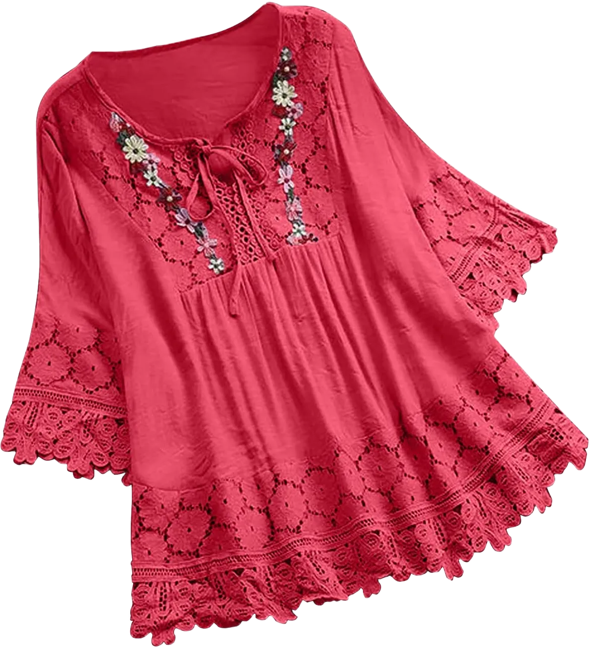Plus Size Blouse Women Vintage Lace Patchwork Bow V-Neck Embroidery Summer Three Quarter Retro Solid Tops T-Shirt 2024 4#watermelon Red 5X-Large