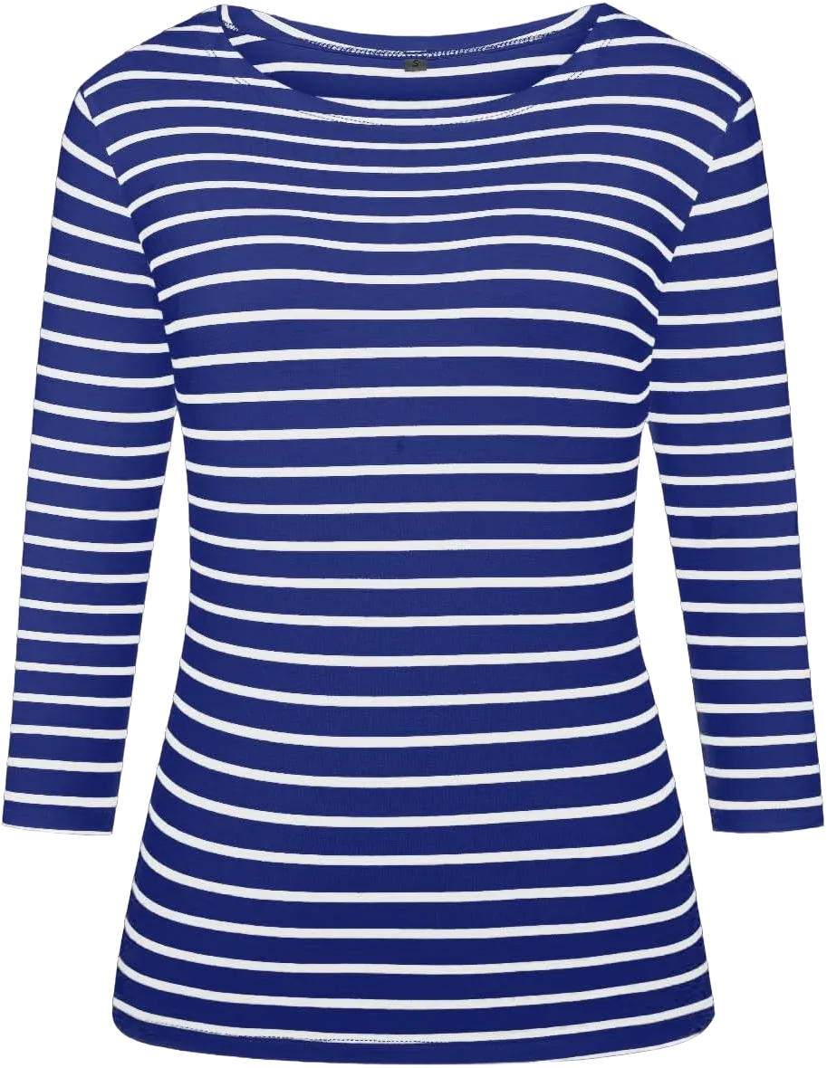 LilyCoco Womens 3/4 Length Sleeve Tops Striped Boatneck Shirt Breton French Cotton Tees Royal Blue Stripe XX-Large