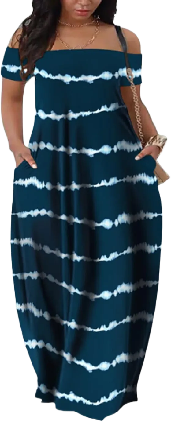 Women's 3D Print Off Shoulder Camouflage Boho Maxi Dress Summer Beach Long Dresses Large Blue Stripes
