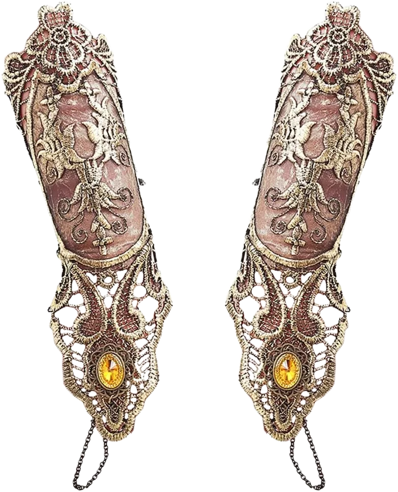 Bronzing Fingerless Gloves Women Gothic Floral Lace Steampunk Wristband Ring Vintage Beaded Handmade Up Bridal Bracelet Set - 1 Pair Small Size