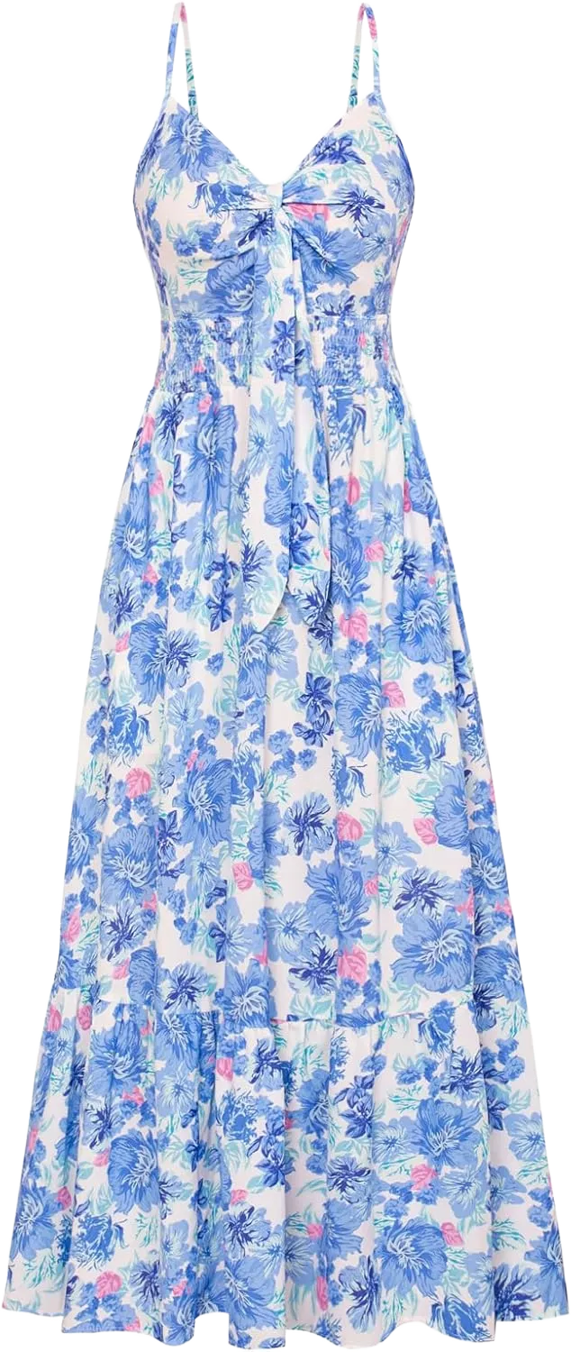 GRACE KARIN Women's 2025 Summer Maxi Dress Floral Tie Front Spaghetti Strap Casual Boho Beach Flowy Sundress with Pockets Large Blue Floral