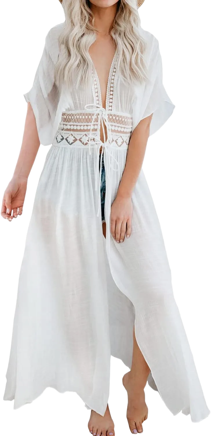FANCYINN Women White Long Lace Cover Up Bohemian Kimono Sheer Lace Tie Front Beachwear Crochet Dress L