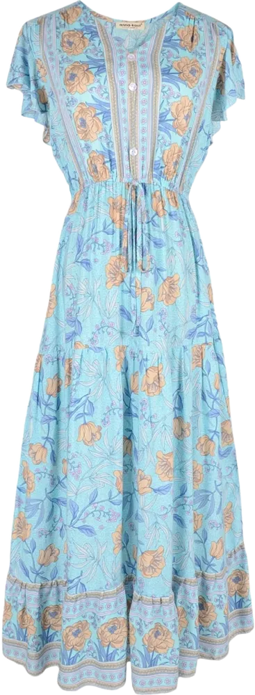 Anna-Kaci Women's Bohemian Paisley Floral Print Butterfly Sleeve V-Neck Midi Dress - Small, Blue