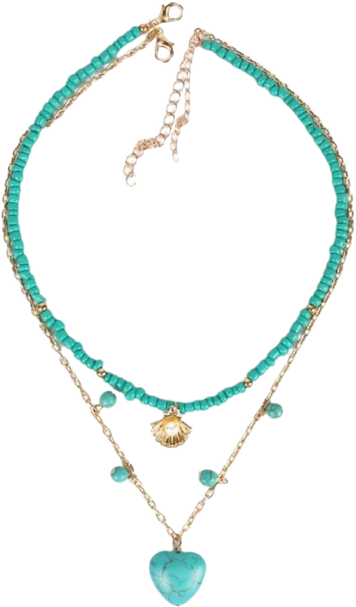 Boho Heart Turquoise Necklace Set for Women Gold Plated Dainty Shell Pearl Dangle Adjustable Layered Turquoise Beaded Chain Necklaces Fashion Summer Vacation Birthday Party Jewelry 2pcs