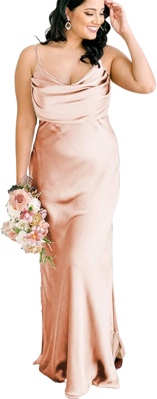 Women's Boho Satin Bridesmaid Dresses Long Cowl Neck Formal Wedding Evening Dress with Side Slit M008 Blush Pink 2