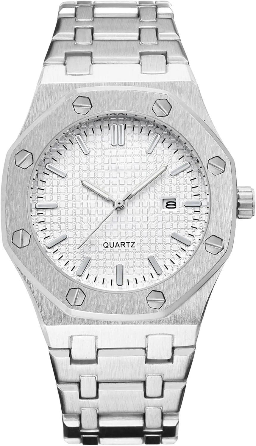 BARAMON Men's Watches, Royalty Stainless Steel Quartz Movement Date Male Clock Waterproof Luminous Hands Casual Business Wrist Watches for Men Silver