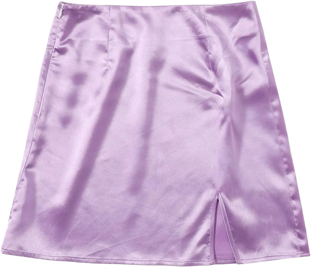 WDIRARA Women's Summer Solid Split Hem Zip Back Mini Workwear Skirt Small Satin Purple