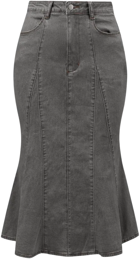INSPIRE CHIC Women's High Waist Fishtail Ruffle Denim Jean Skirt Large Black Gray