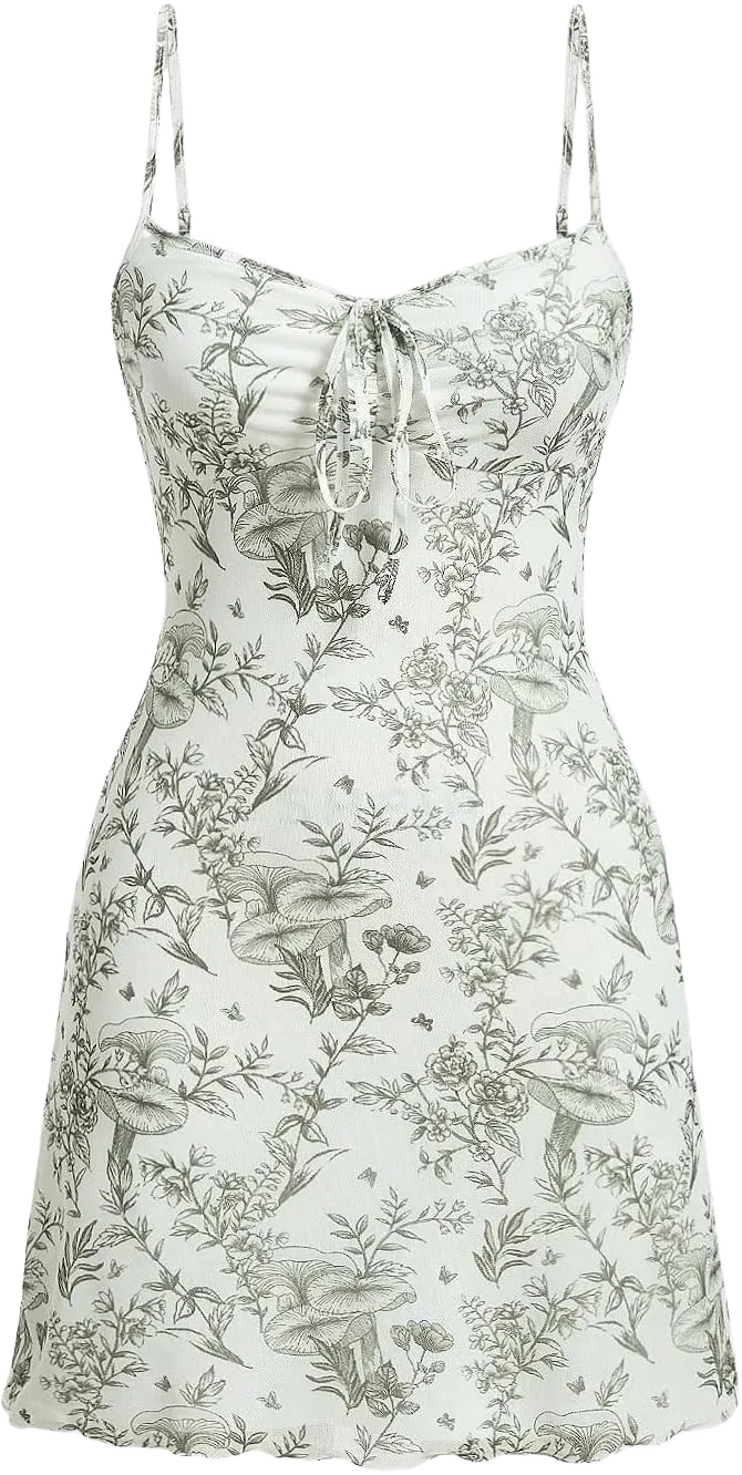 Milumia Women's Floral Print Tie Front Spaghetti Strap Cami Dress V Neck Flare Mini Sun Dresses Small Green