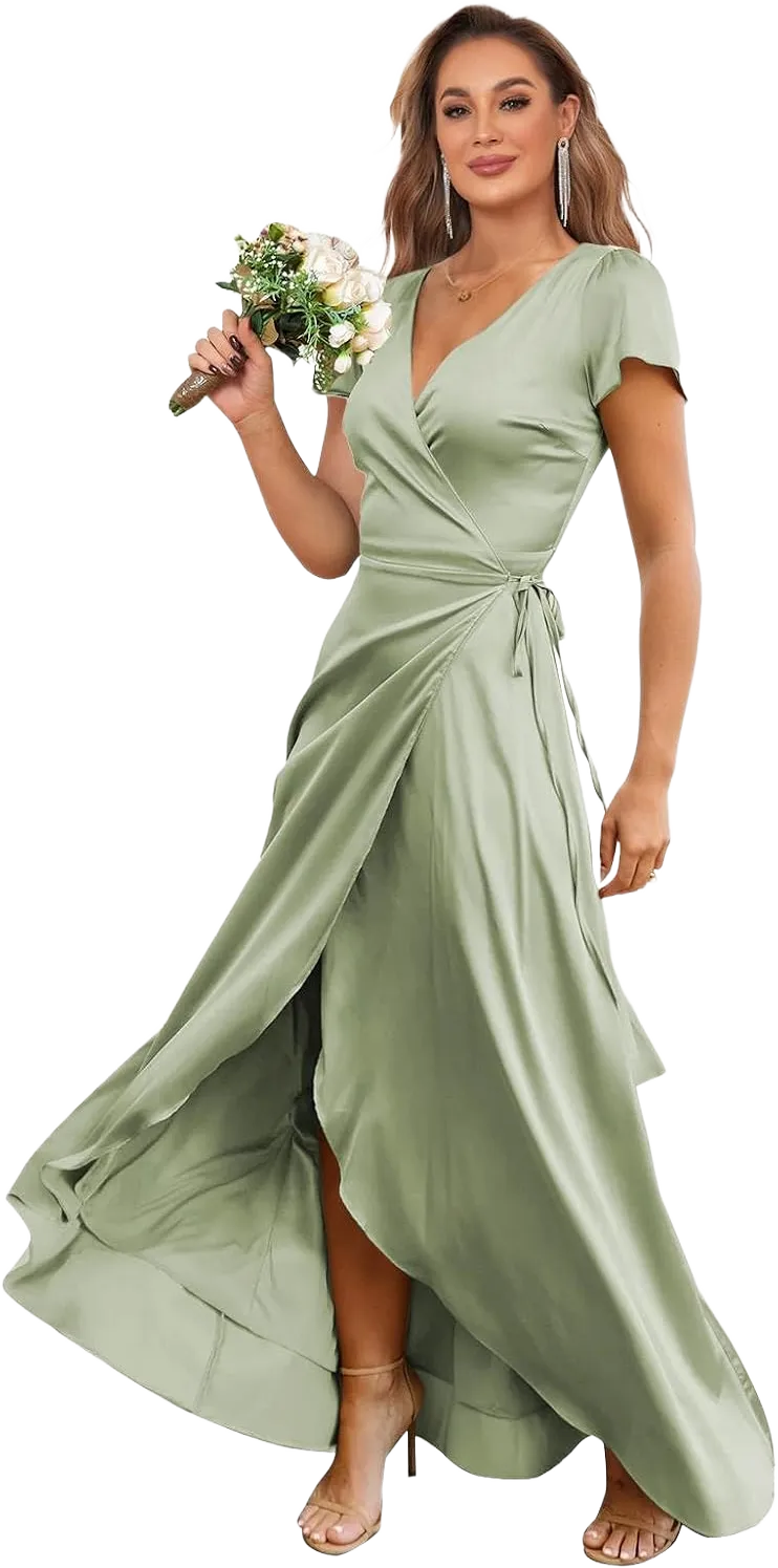 Silk Satin Bridesmaid Dresses for Women 2025 Short Sleeve Wrap Formal Evening Party Gown with Slit Sage Green 0