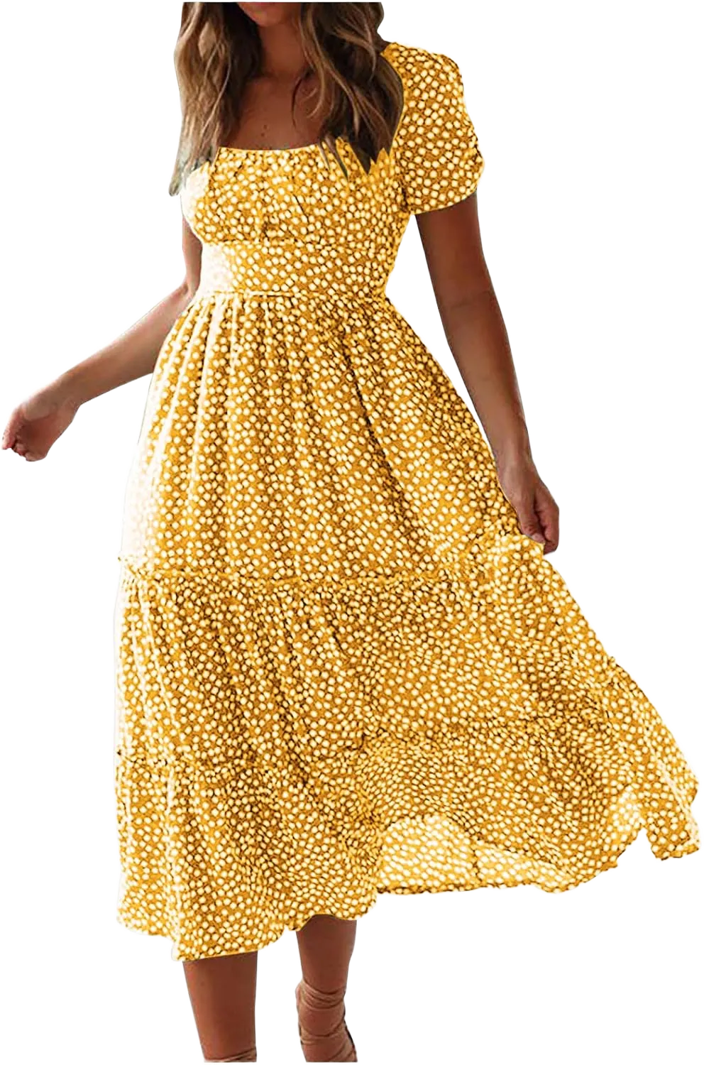 Women Boho Maxi Dresses Crew-Neck Short Sleeve Empire Waist Summer Dress Smocked Floral Flowy Tiered Long Dress 2024 XX-Large 1#yellow