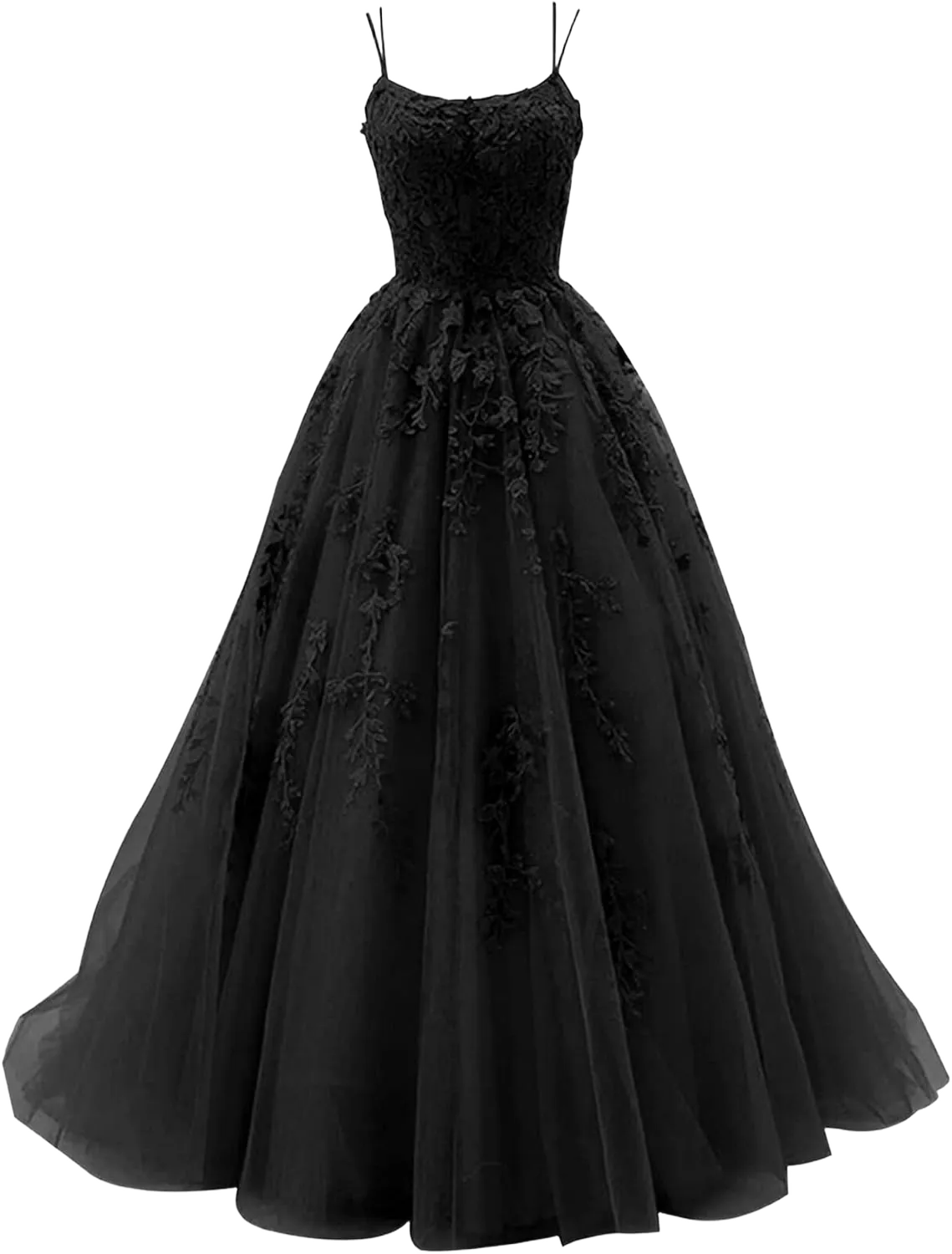 Tulle Lace Appliques Prom Dresses Long Ball Gown for Women Spaghetti Straps Corset Backless Evening Dress 20 Plus Black