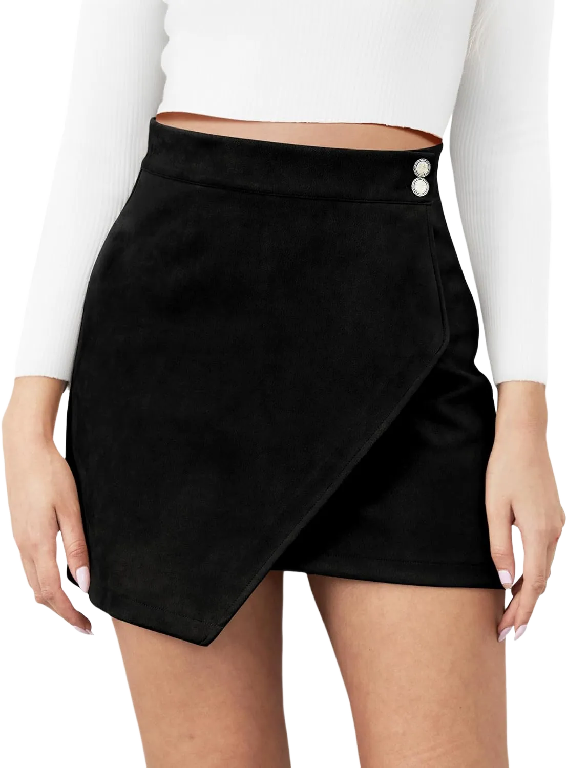 Mini Skirt for Women Elastic High Waist Bodycon Wrap Skirt Silky Smooth Stretchy Suede Skirt Medium Black
