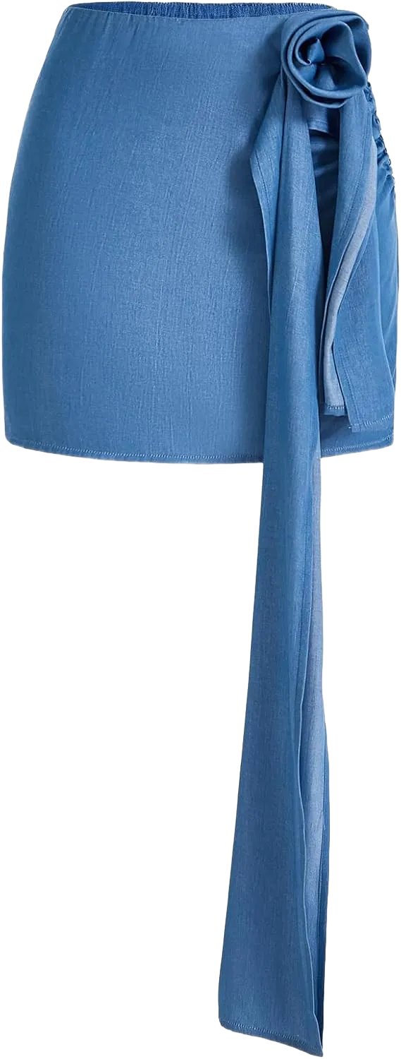 Women's 3D Flower High Waist Wrap Skirt Party Denim Bodycon Skirt Blue Small