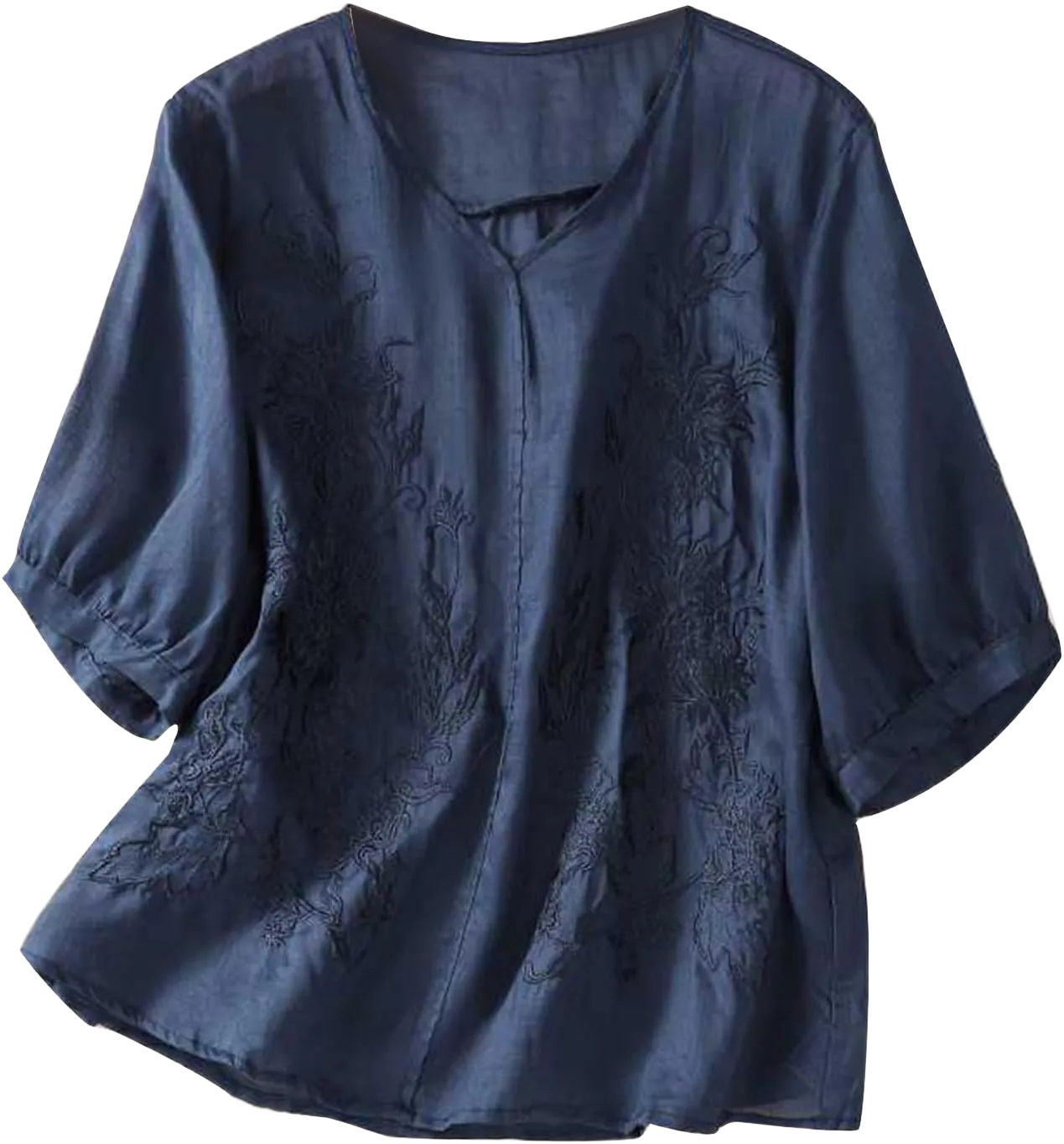 Women's Summer 3/4 Sleeve Cotton Linen Tops Vintage Mexican Embroidered Shirts Casual V Neck Boho Blouse Oversized Navy X-Large