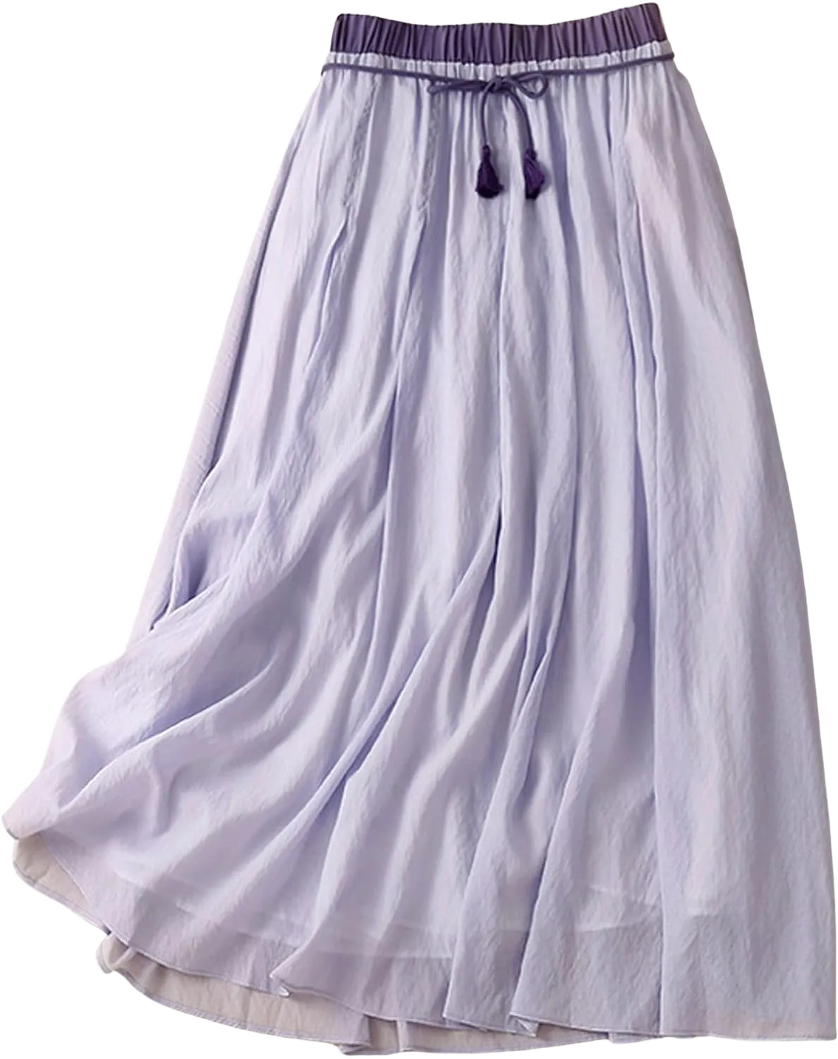 CHARTOU Women Summer Cotton Linen Midi Skirt Ruffle Swing A Line Skirt Layered Mid Long Boho Flowy Skirt Drawstring Small Violet
