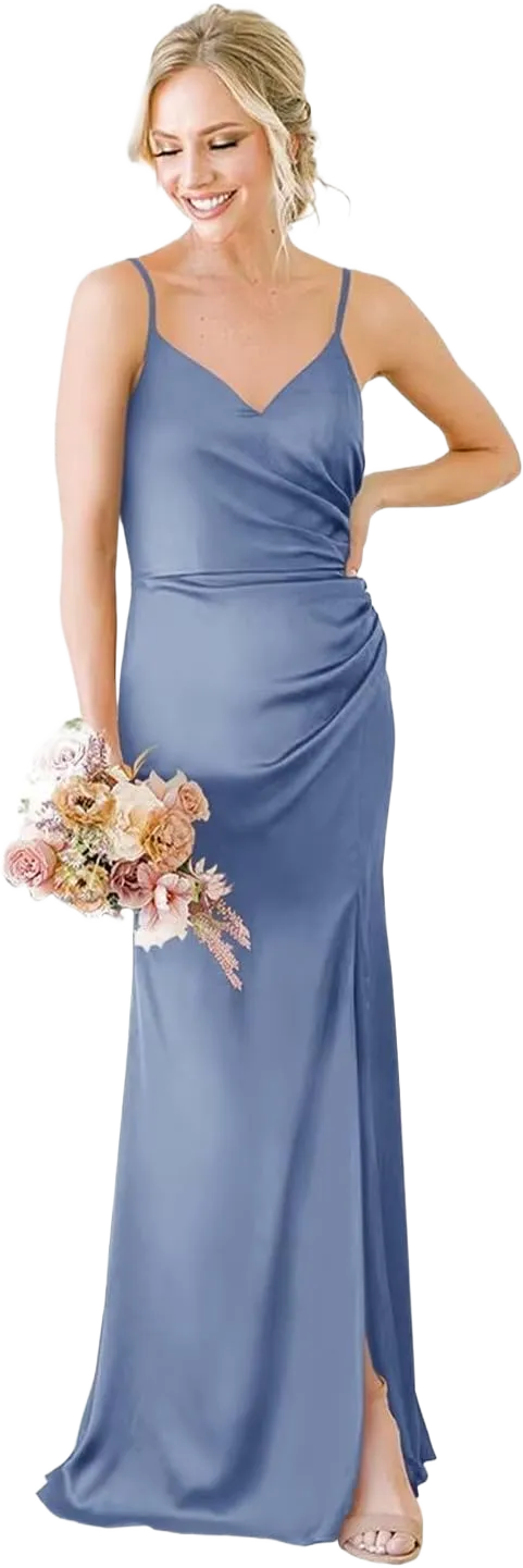 Fivsole Satin Long Bridesmaid Dresses Formal Wedding Guest Dress 2024 Ruched with Slit Formal Evening Gown for Women 16 Dusty Blue