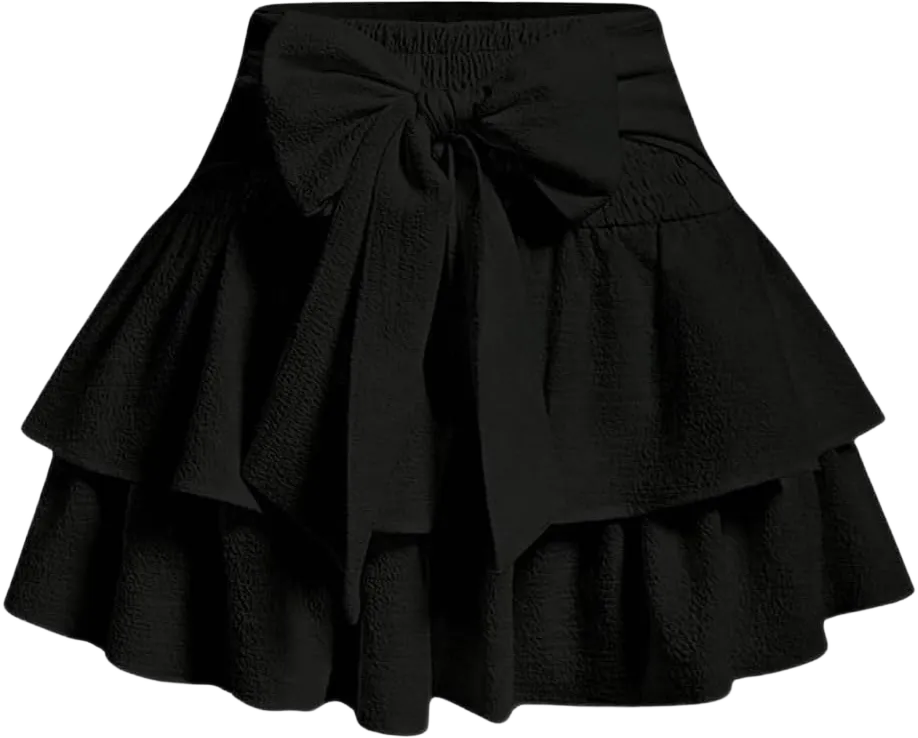 Women's Bow Front Mini Skirt High Shirred Waist Layered Ruffle Hem Short Cake Skirts Large Black