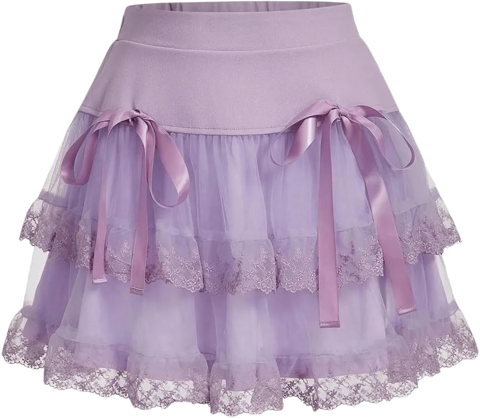 Women's Y2K Solid Tiered Layer Skirt High Waist Contrast Mesh Lace Tie Bow Front Loose Mini Skirt Cake Skirt X-Small Mauve Purple