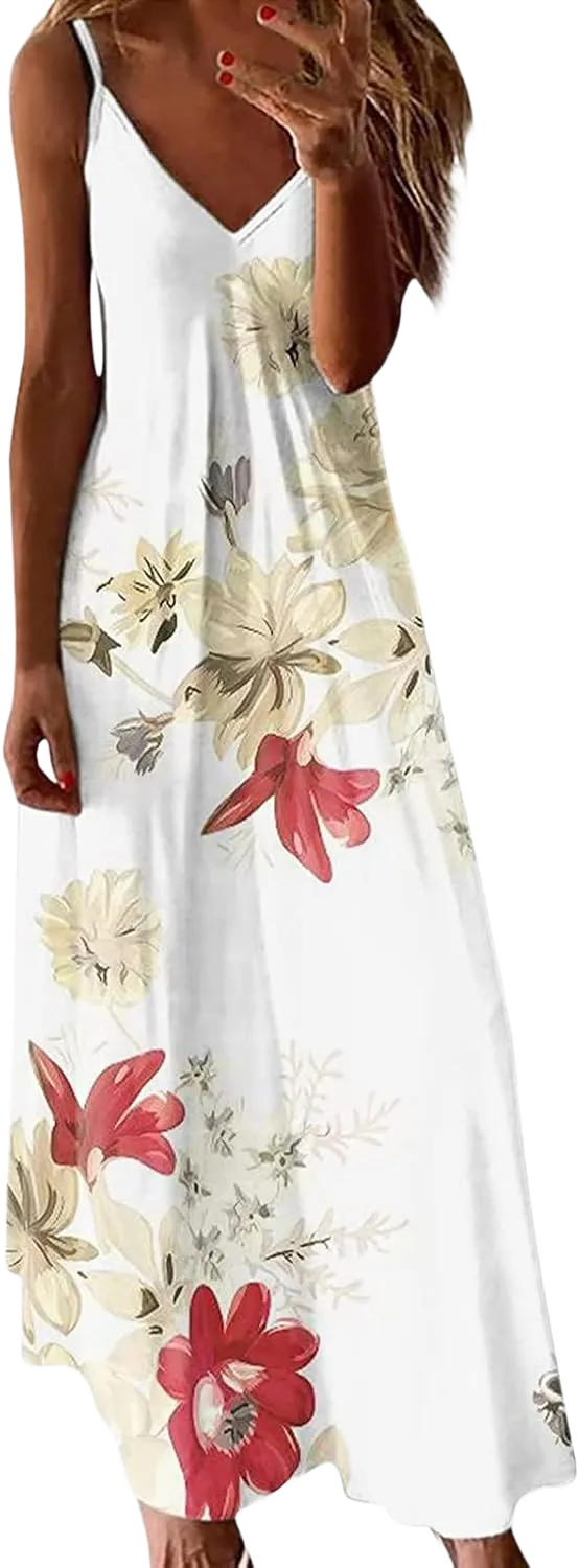 Summer Dresses for Women 2024 Beach Vacation Boho Spaghetti Strap Casual Maxi Sundresses Plus Size Dress for Women White X-Large