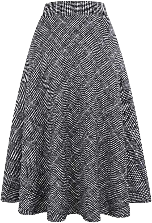 Long Plaid Wool Skirt for Womens Winter Fall Warm High Elastic Waist A line Flared Pleated Wool Tartan Skirts Black White Medium