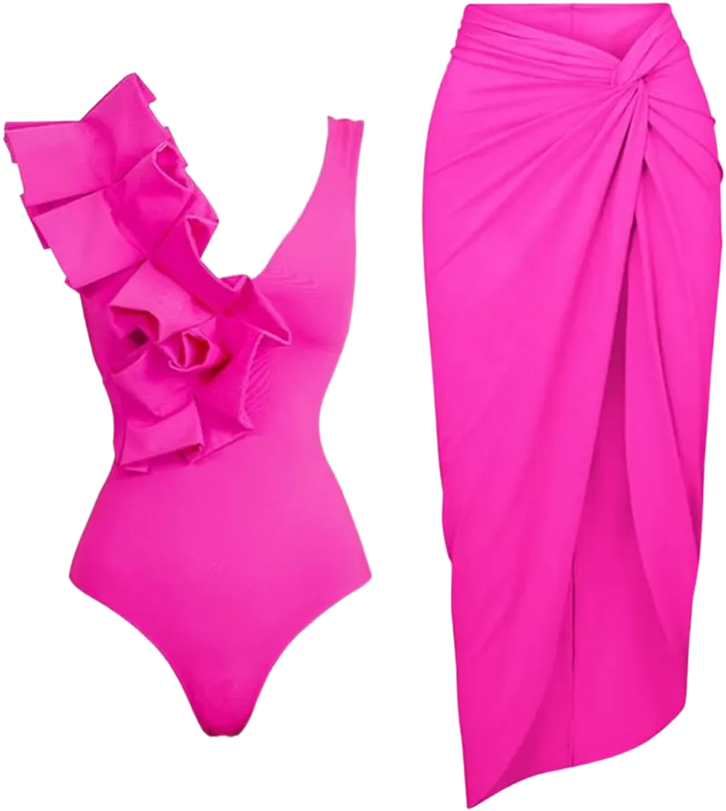 IBAKOM Three Pieces Swimsuits for Women with Matching Wrap Skirt Swim Top Tummy Control Bikin Bottom Mesh Sheer Cover Ups Hot Pink Ruffle (2pcs) Small
