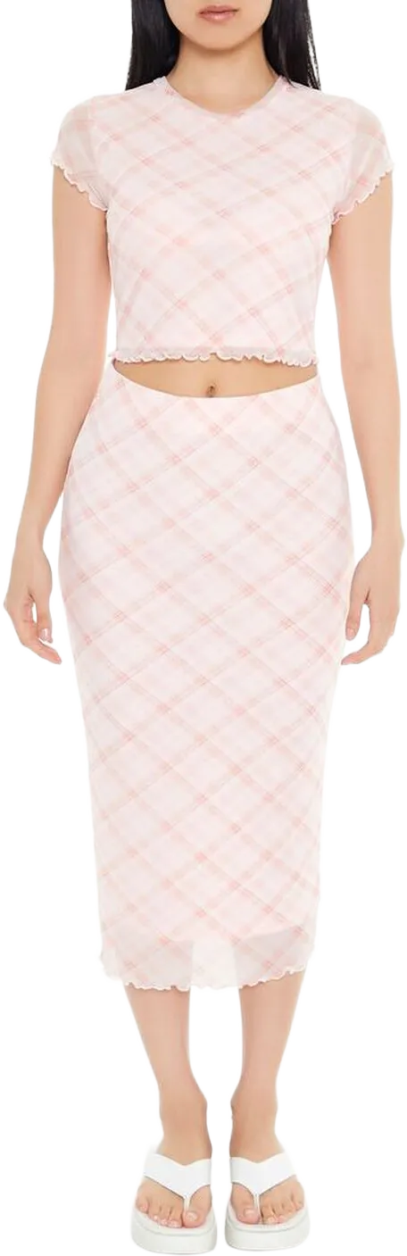 Plaid Mesh Midi Skirt